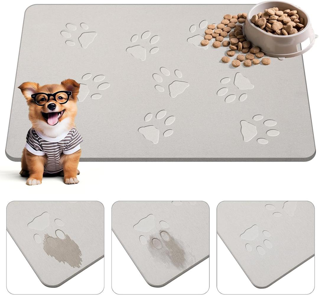 Drydiet Dog Gift Stone Mat for Dog Bowl Diatomaceous Earth Absorbent Non Slip Cat Puppy Mat for Food and Water Quick Drying Easy to Clean Placemat for Bowl Dish(Light Gray,16 x 12 Inch)