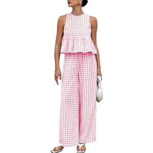 Tanming Women's 2 Piece Set Outfits Gingham Plaid Tank Tops Wide Leg Pants Matching Lounge Sets (Pink, M)