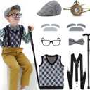 Kids 100 Days of School Costume for Boys - Halloween Old Man Costume Hat Glasses and Grandpa Vest Set for Child (Toddler(3-4yrs), Plaid-lightgrey-pocket Watch)