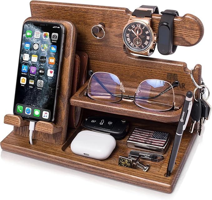 TESLYAR Wood Phone Docking Station for Men  Desk or Nightstand Organizer  Birthday Gifts for Husband or Dad  Anniversary Idea from Wife  Key Holder  Stand Wallet, Watch & Essentials (Deep Black)