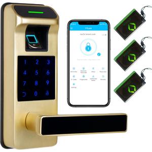 Harfo Fingerprint Door Lock, Heavy Duty Full APP Control Touchscreen Keypad Keyless Lock with Reversible Handle, Perfect for Home/Office/Bedroom Doors (Gold)