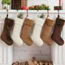 Jamntower 6 Pack 18 Inch Neutral Christmas Stockings Rustic Brown Tan Beige Fur Stocking Ornaments Soft Plush Farmhouse Stockings for Christmas Tree Fireplace Family Holiday Party Decoration
