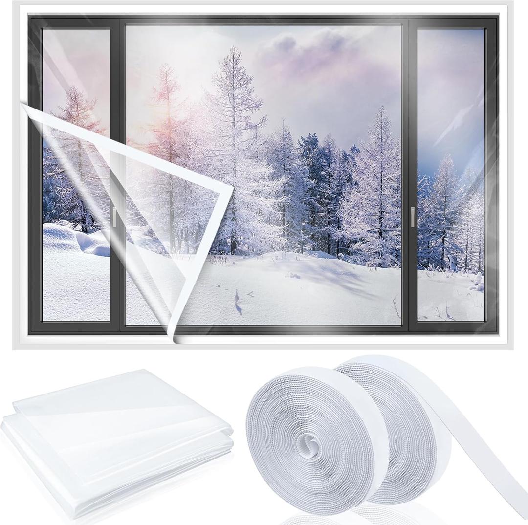 87 Inch X 20 ft Window Insulation Kit Cuttable Transparent Film with Adhesive Straps Reusable Window Plastic for Winterizing Thicken Thermal Waterproof Attic Insulation Cover Warm Winter