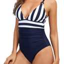 Vogueric Womens One Piece Swimsuits V Neck Crisscross Back Bathing Suit Tummy Control Ruched O Ring Swimwear Blue Stripe Large (Blue, L)