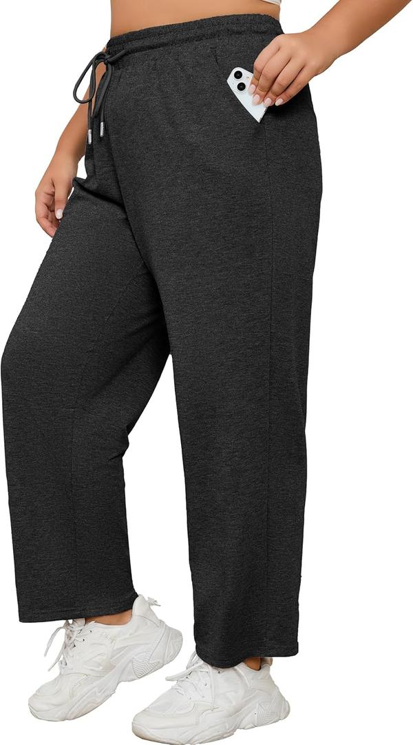 FOREYOND Plus Size Sweatpants for Women Wide Leg Yoga Pants Workout Pants 1XL-5XL (3X-Large Plus, Dark Green)