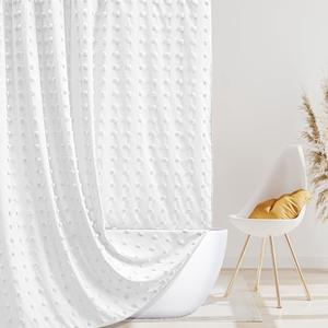 Extra Long Boho Farmhouse Shower Curtain Woven Fabric 84 Inch White Shower Curtain, 72 x 84 Tufted Pleat Floral Puffs Textured Modern Minimalist Shower Curtain Set with Hooks for Bathroom