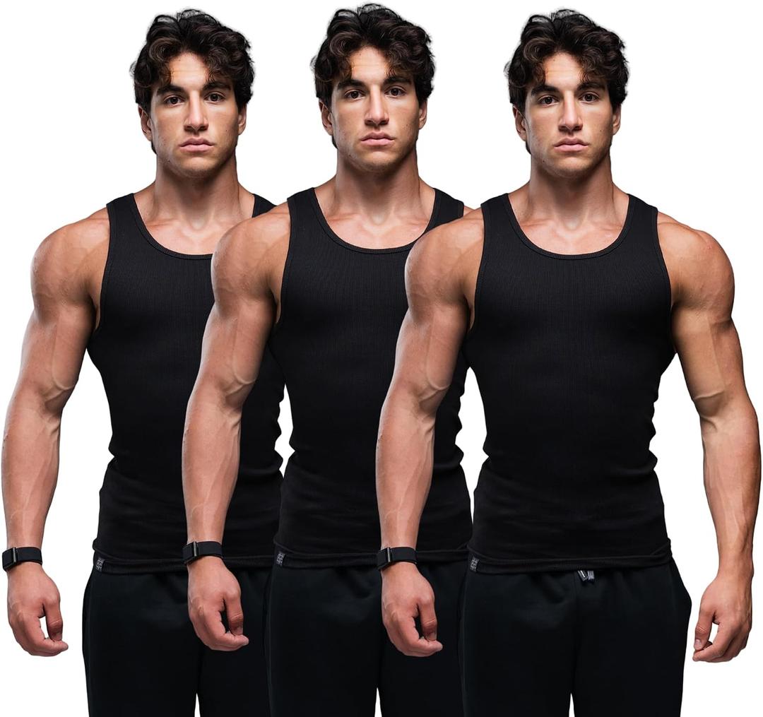 Ekkovision Lifestyle Beaters, Men's Tank Tops, Cotton Spandex Tanks for Men, Regular Fit, Ribbed Fabric, 3 Pack Medium Black
