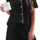 Ekouaer Pajamas Set for Women Short Sleeve Sleepwear Button Down Pjs Soft 2 Piece Lounge Sets Black, Medium