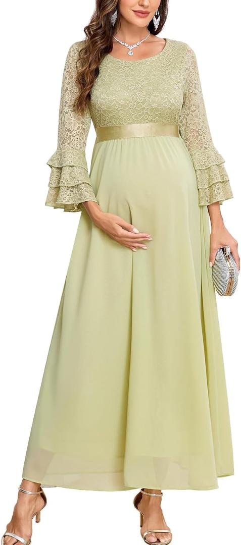 CYCLAMEN Floral Lace Maternity Maxi Dress Ruffle Bell Sleeves Crew Neck Elegant Chiffon Evening Gown Baby Shower Wedding (Green, XL)