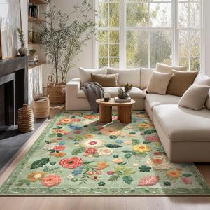 Machine Washable Area Rugs for Bedroom: 5'x7' Living Room Rug Floral Vintage Rug Stain Resistant Non Slip Low Pile Faux Wool Soft Green Rugs for Dining Room Bedside Kitchen Entryway Nursery Office