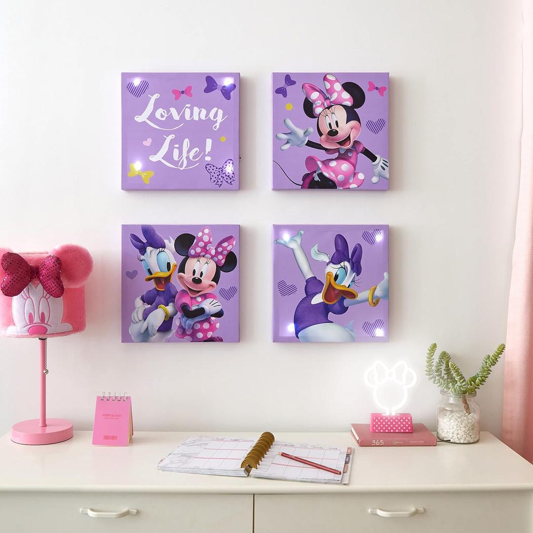 Disney Minnie Mouse LED Canvas Wall Art  4-Pack Set for Kids  Light-Up 11x11 Panels  Minnie Room Dcor for Girls  Battery Operated Wall Hanging for Bedroom or Playroom