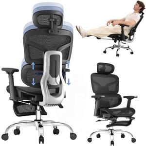 Ergonomic Office Chair with 5-Level Adjustable Backrest,Adaptive Lumbar Support,3D Adjustable Headrest, 3D Armrests,Breathable Mesh Cushion with Retractable Footrest (Black)