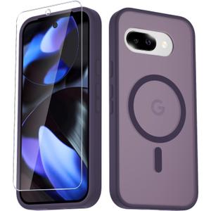 LATVIN Phone Cover for Google Pixel 9a Case | with 1 Screen Protector, Compatible with MagSafe, Magnetic, Military Grade Protection, Translucent Matte Frosted Back, Purple