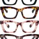 REAVEE 4 Pack Oprah Style Reading Glasses Blue Light Blocking Computer Square Readers for Women with Spring Hinge 1.25