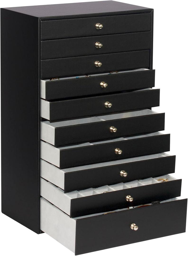 GUKA Large Jewelry Box, Jewelry Case with 10 Drawers for Big and Small Jewelry, Jewelry Storage Organizer for Watch Earrings Necklace Rings Bracelets, Birthday Wedding Gifts, Black