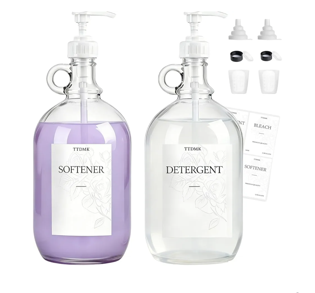 2 Pcs Glass Liquid Laundry Detergent Dispenser, Half Gallon Laundry Soap Dispenser for Laundry Room (64 oz. Each), Laundry Detergent Bottles with Pump Dispenser -Includes Labels, Funnel, Measuring Cup