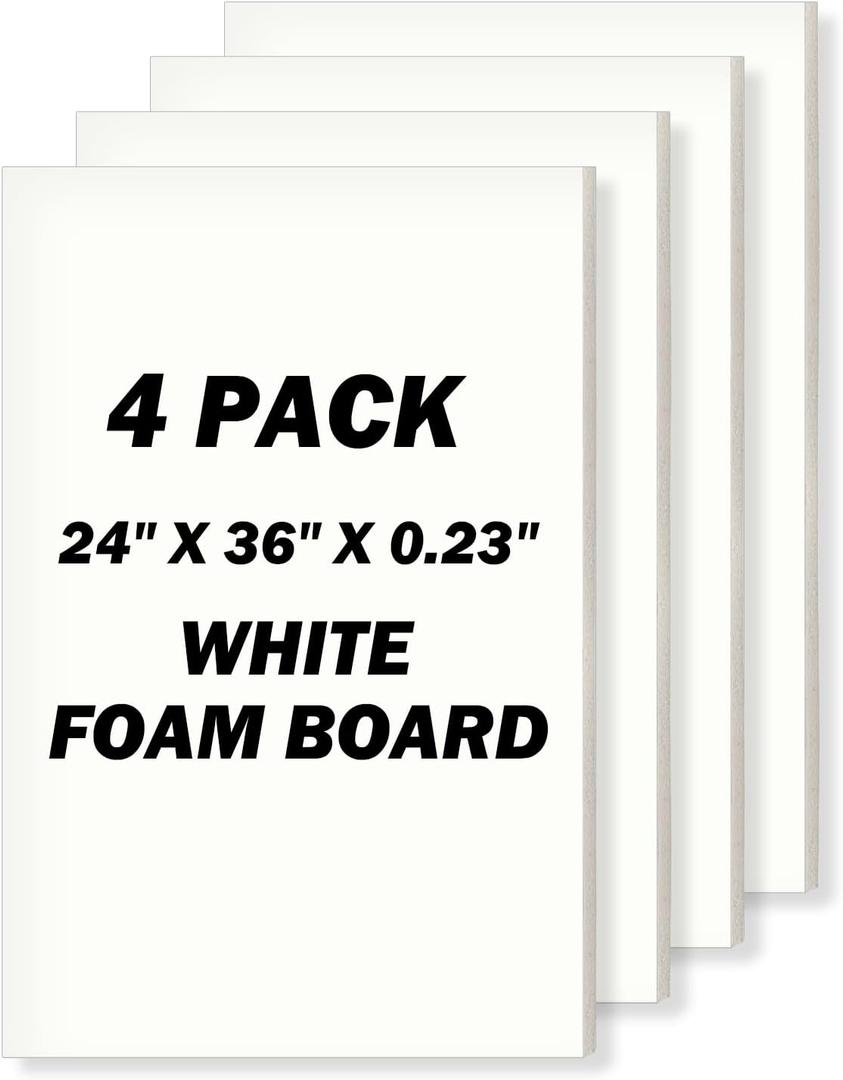 24" x 36" Foam Board 4 Pack, 0.23" Thickness White Poster Board, Acid Free, Double Sided, Rigid, Sign Board for Mounting, Crafts, Modelling, Art, Display, School Projects