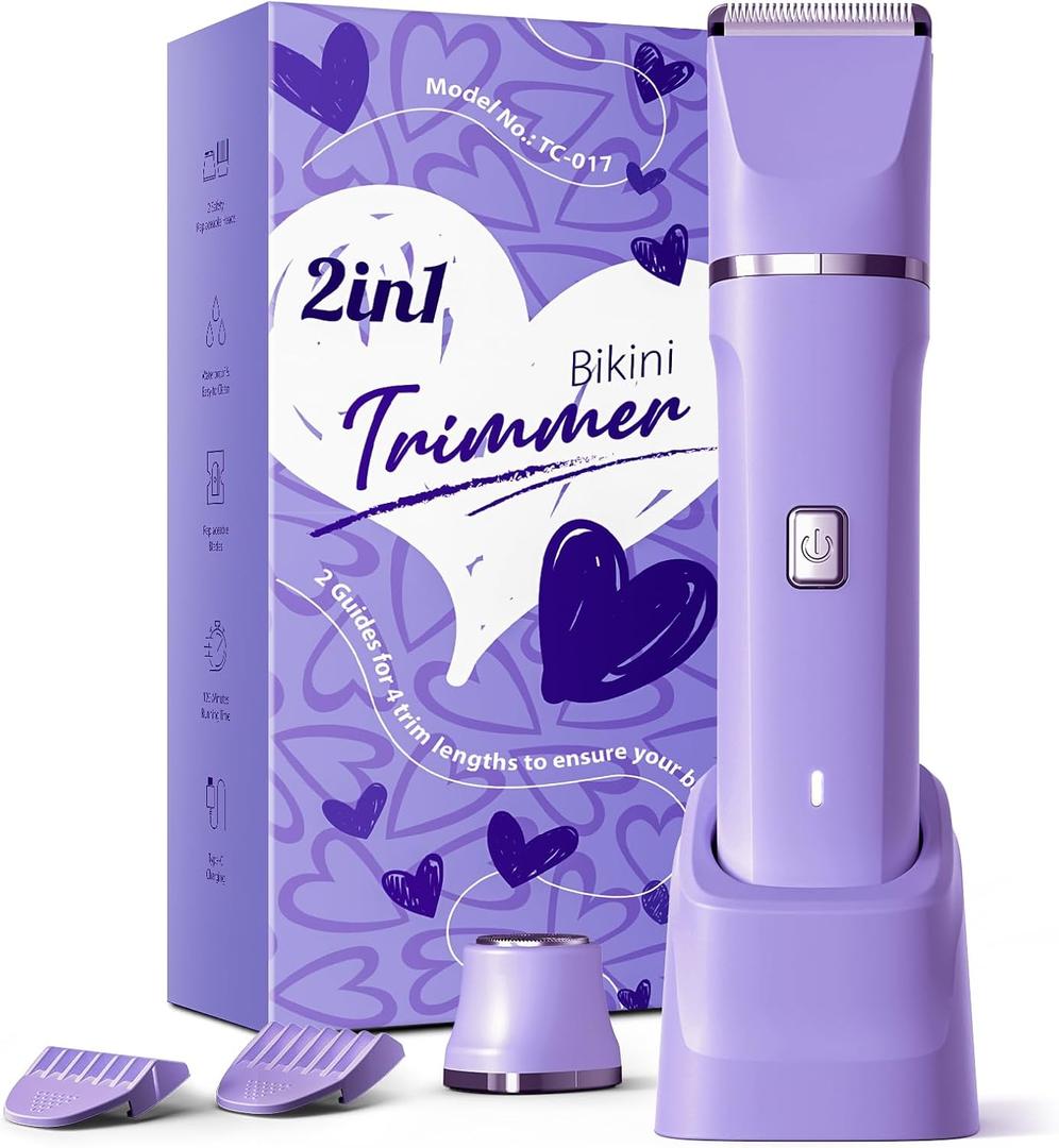 Electric Razors for Women - IPX7 Waterproof Pubic Hair Remover for Shower & Travel, 3-in-1 Bikini Trimmer with Body/Round/Curved Heads, Hypoallergenic Foil & Ceramic Blades, Self-Care Gifts for Her (Silver Purple)