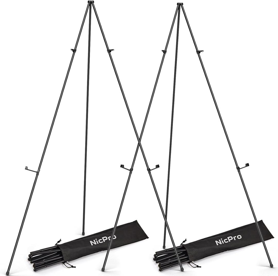 Nicpro Art Folding Easels for Display, 2 Pack 63 Inches Metal Floor Easel Stand Bulk Tripod Black Collapsible for Sign Artist Poster Wedding | with Carry Bag