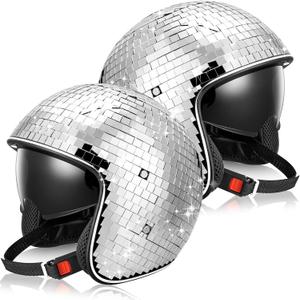 Kanayu 2 Pcs Disco Ball Helmet with Retractable Visor Glitter Mirror Glass Hat for Halloween Disco Ball Costume Cosplay Dj Club Party Decoration(Silver)