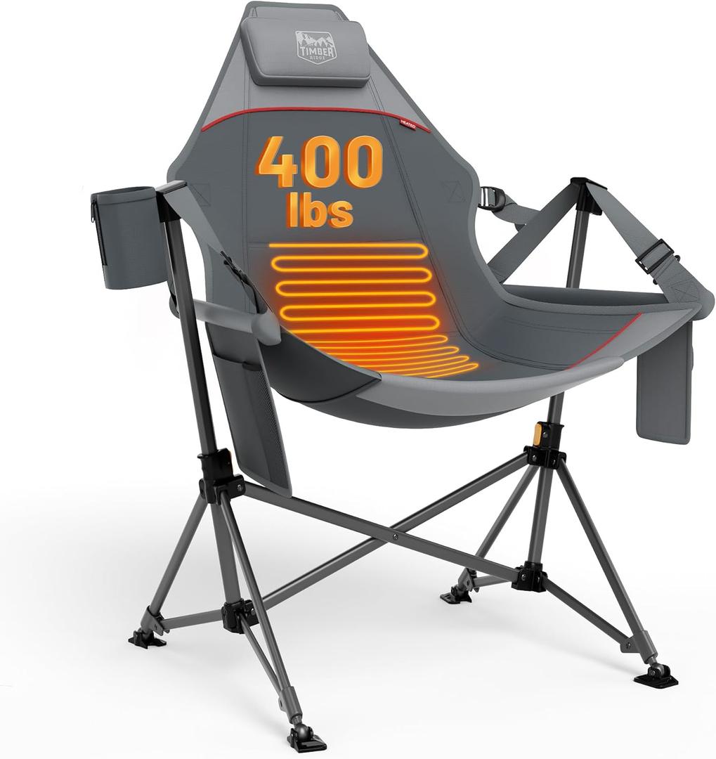 TIMBER RIDGE Heated Hammock Camping Chair, Oversized Swinging Hammock Chair with Adjustable Back and Seat, Rocking Camping Chair for Outdoor Lawn, Sports, Supports 400lbs (Power Bank not Included) (Grey-heated)