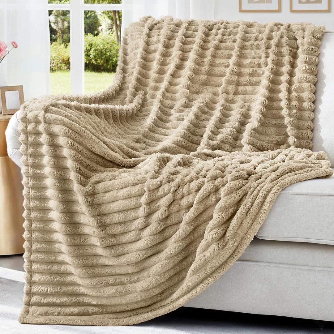 decorUhome Soft Fleece Light Brown Twin Blanket for Bed, Cozy Fluffy Plush Flannel Striped Throws for Couch Sofa, Lightweight Decorative Ribbed Fuzzy Blanket for Woman, 60x80 Inches