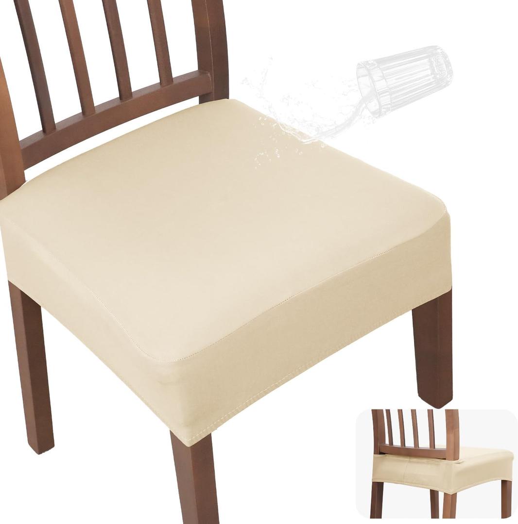 JQinHome Waterproof Dining Chair Seat Covers Set of 4 | Soft Removable Washable Chair Covers for Dining Room,Rear Gap Hook-and-Loop| Elastic Non-Slip, Full Rear Coverage | Beige