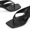 Kitten Heels for Women Flip Flop Thong Heel Square Open Toe Low Heel Slip On Slides for Daily Party Summer Dressy Sandals (7.5, Black)