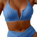 HYTENSUN Women's V Cut High Waisted Bikini Ribbed V-Wired Cami Two Pieces Swimsuit (S, Blue)
