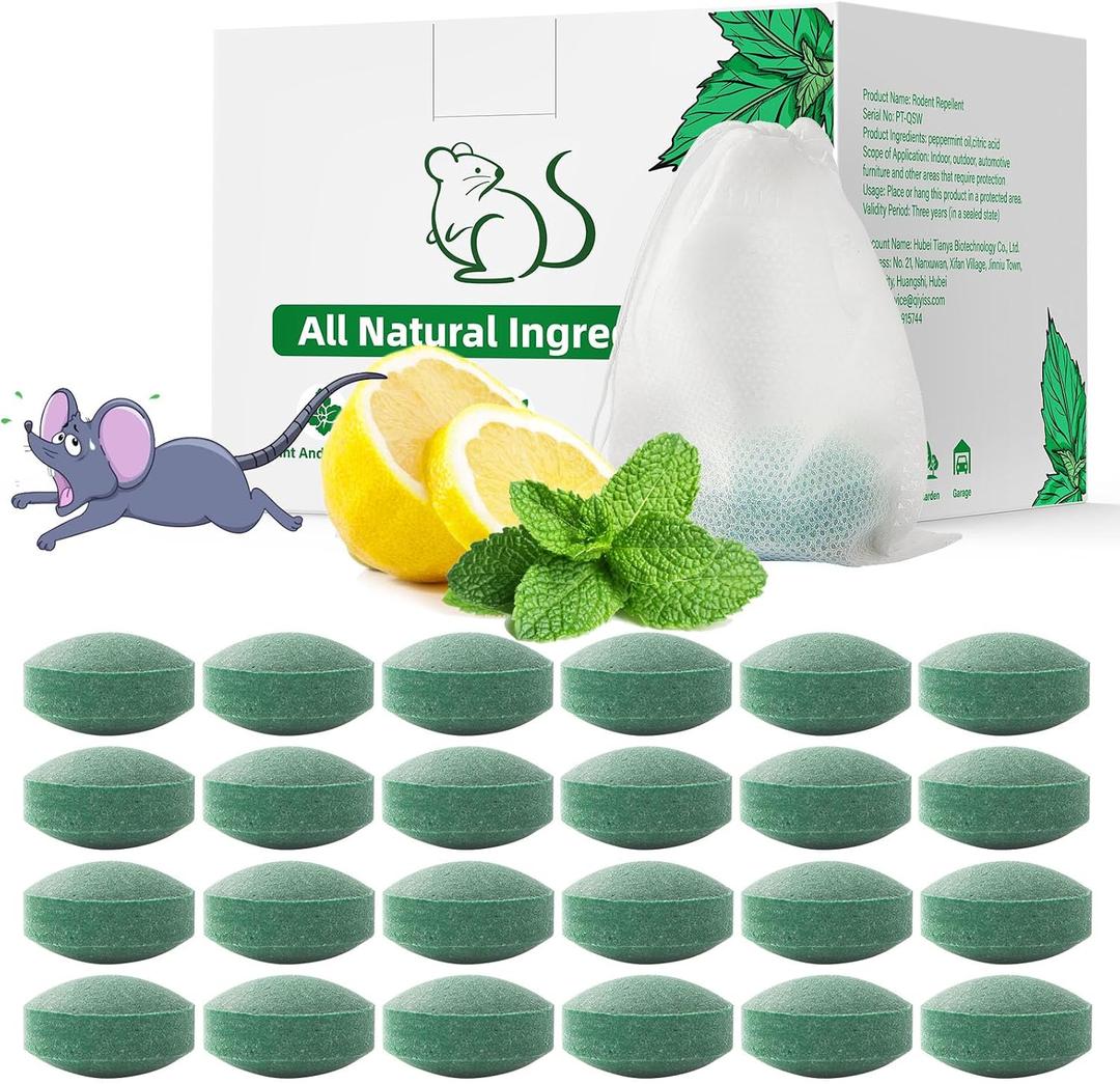 Pest Rodent Repellent, 24 Pack Peppermint Oil Repellent for Mouse Rats Spider Roach Ant Squirrel Pest Control Indoor & Outdoor, Natural Mice Deterrent Replace Trap Poisoning Family & Pet Safe Green, 1 Count