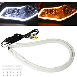 Qasim Sequential Turn Signal 24inch Led Car DRL Daytime Running Lights Strip 12V Auto Headlight 60CM White/Amber Flowing-1Pair