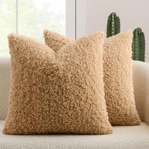 MIULEE Pack of 2 Throw Pillow Covers 18x18 Inch Neutral Camel Faux Fur Decorative Sherpa Pillow Covers Fuzzy Accent Soft Sheepskin Fleece Cushion Cases for Boho Home Decor Couch Living Room Bed