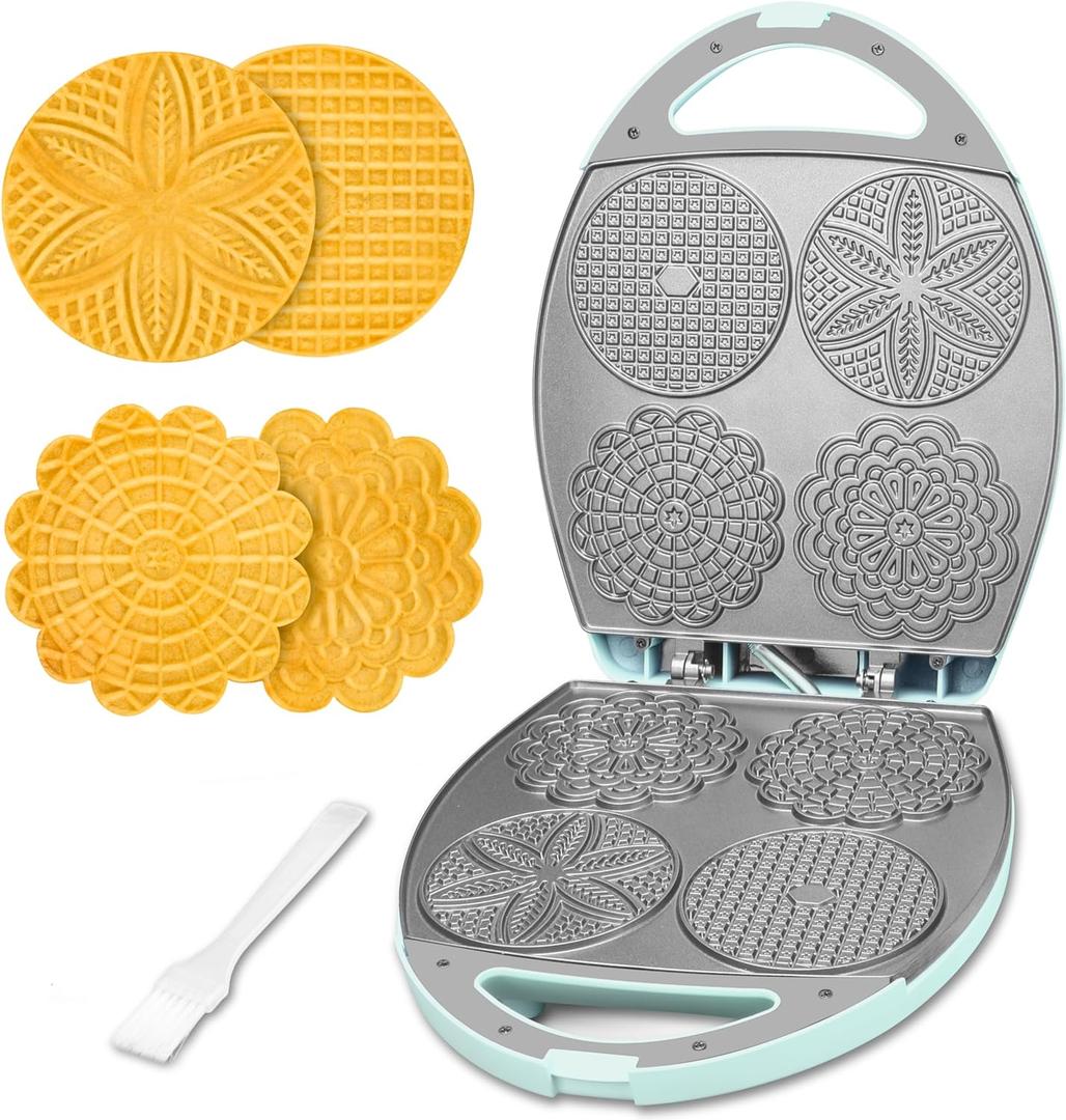 Baker's Friend Multi Pizzelle Maker Electric, Stroopwafel Iron, 4 x 4.5'' Pizzelle Waffle Cookies Maker with Temperature Control, Ideal for Holidays, Parties & More, Great Choice for Gift