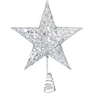 Resinta 8 Inch Metal Glittered Christmas Tree Topper Hallow Wire Star Topper for Christmas Tree Ornament (Silver)