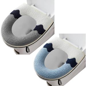 2 Pieces Thicker Bathroom Soft Toilet Seat Cover Pad with Handle Toilet Lid Cover Cushion Soft Thicker Washable Fits All Oval Toilet Seats (GRAY+BLUE)