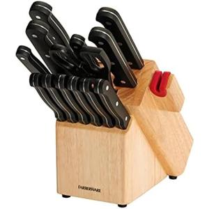Farberware 14-Piece Triple-Rivet Knife Block Set with Built-In Edge Keeper Knife Sharpener