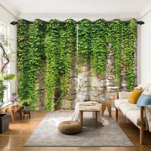Green Ivy Leaf Blackout Curtains Leaves Plants Rustic Stone Wall Spring Scenery Curtain for Living Room Bedroom Home Decoration Window Drapes Fabric Set of 2 Panels, 42x84 Inch