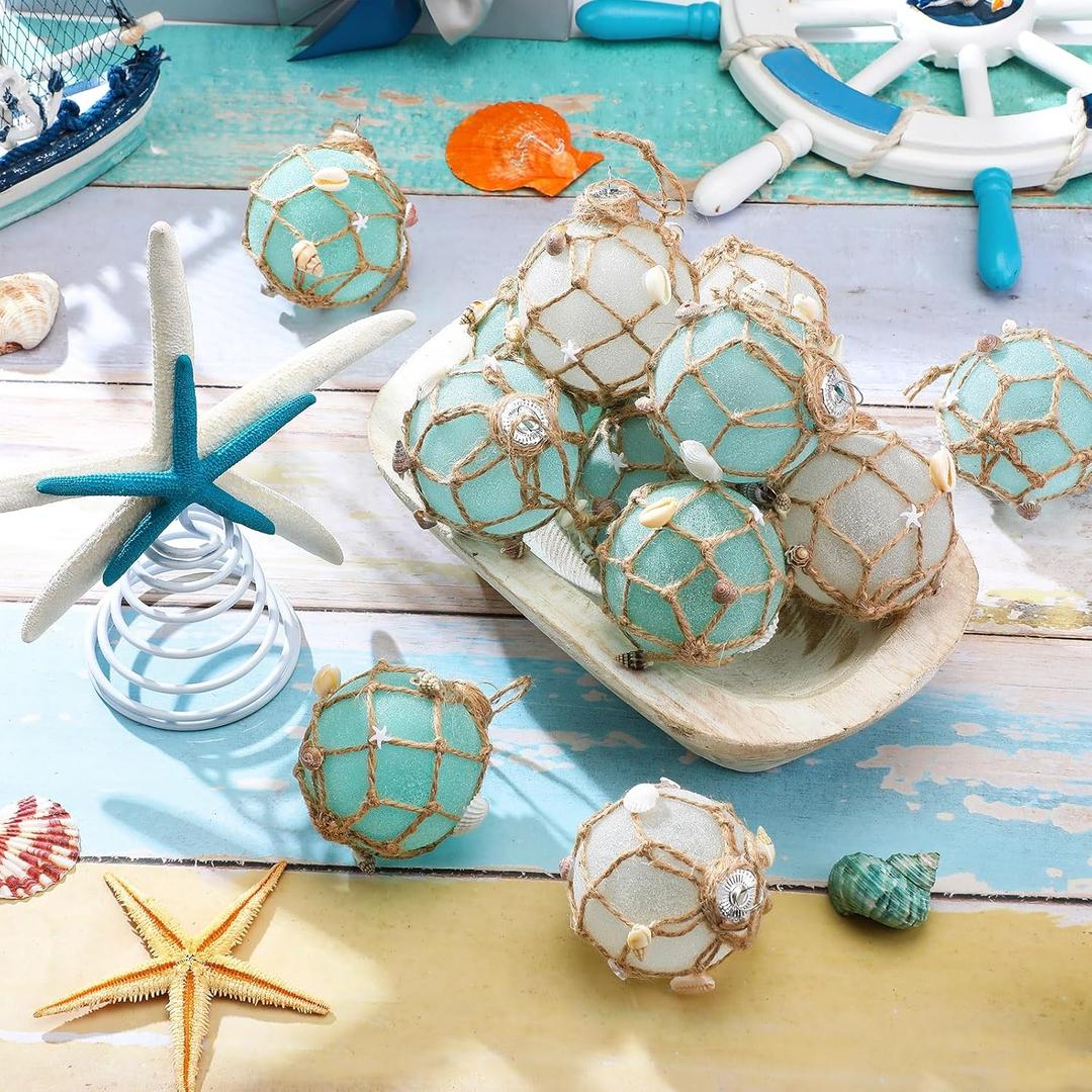 Soulchen Set of 13 Coastal Christmas Tree Decorations Set Coastal Christmas Ball Glass Ornaments Beach Ocean Themed Teal Balls with Starfish Tree Topper Nautical Sea Decor for Holiday Party