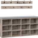 HOOBRO Shoe Storage Bench with Cushion, 39.4" L Entryway Bench with 12 Cubbies, Entryway Hall Tree with Storage, Shoe Cabinet with Coat Rack for Bedroom, Hallway, Holds up to 330 lb, Gray GY112HX01