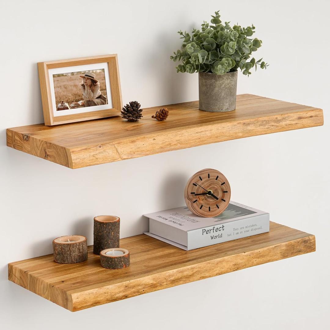Floating Shelves Set of 2, Solid Elm Wood Wall Shelves 24 Inch - Invisible Bracket Mount for Living Room, Bedroom, Kitchen, Bathroom - Natural