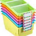 Lineshading 6 Pack Picture Book Organizer Bins with Dividers Large Plastic Book Holders with Labels Multi Purpose Classroom Organization Bins Storage Container for Classroom Library (Multicolor)