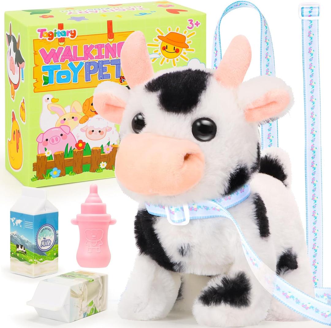 Tagitary Plush Toys Interactive Toys Cow for Kids, Walking Pet Toys Can Make Sounds, Wag Tail and Nod Head, Realistic Stuffed Cattle Toys Birthday Gift for Kids Toddlers