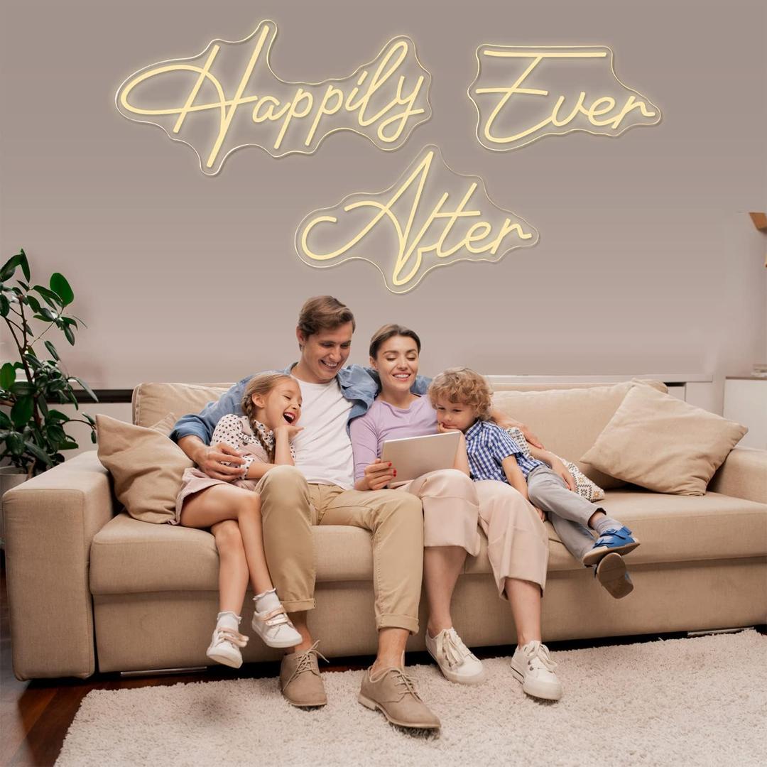 Super Large Neon Sign Happily Ever After with Dimmer, Art Decorative Neon Lights for Bedroom, Wedding, Birthday, Home Wall Decor, Bachelorette Party (60.26"X12.52")