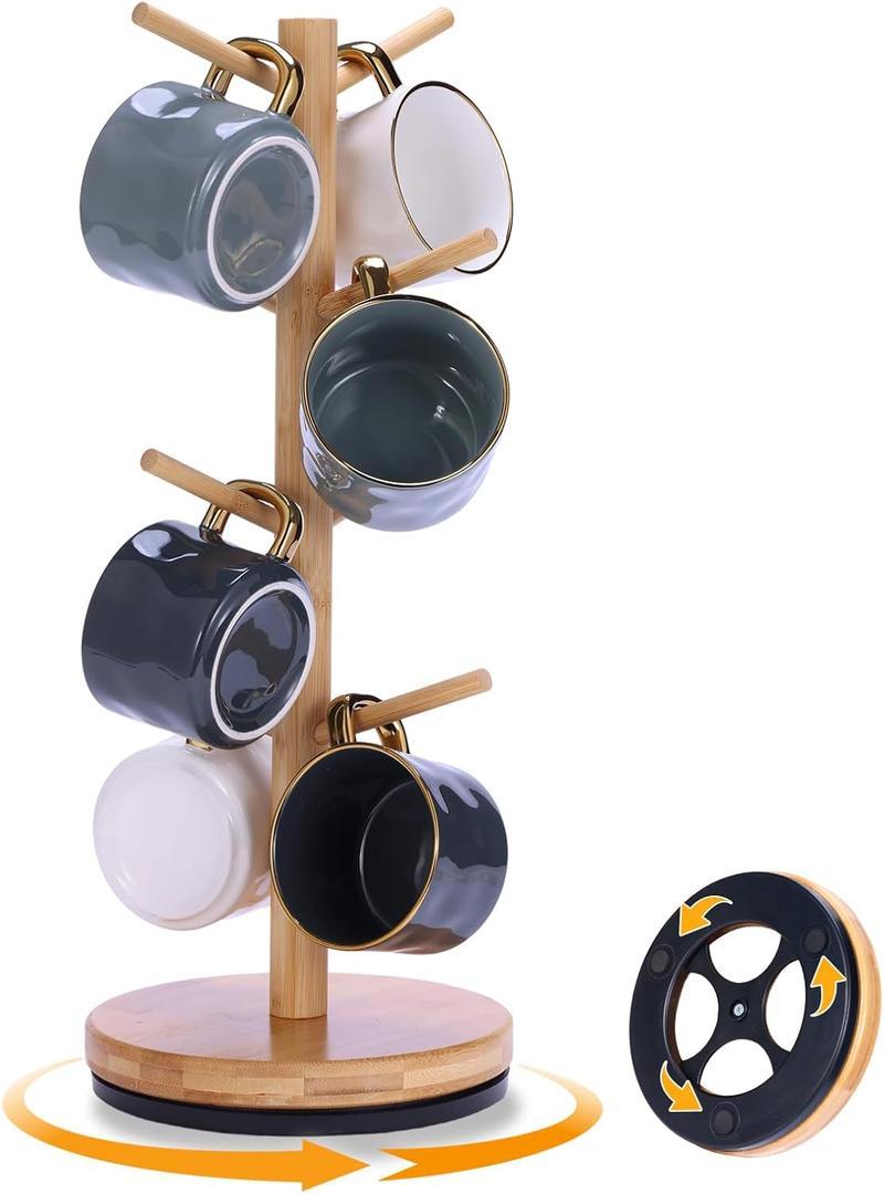 Mug Holder Tree, Upgraded 360 Rotated 8 Hooks Coffee Mug Holders for Counter, Bamboo Mug Rack Stand for Coffee Bar Accessories