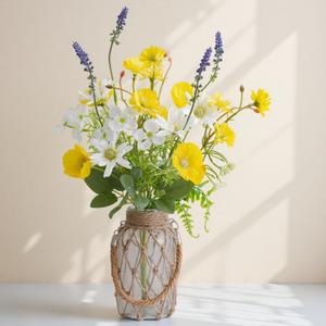 LUEUR Fake Flowers with Vase  Artificial Poppy & Sunflower Arrangement in Yellow, Spring Floral Centerpiece for Coffee Table, Dining Room, Kitchen & Farmhouse Home Decor