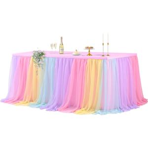 Wish Care Rainbow Tulle Tablecloth for 6 Foot Rectangle Tables Double Layer Tulle Tutu Desk Skirt Unicorn Ruffle Pastel Table Cloth Stretch Fitted Table Covers for Girls Birthday Baby Shower Party