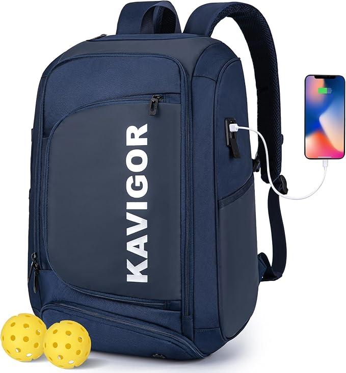 KAVIGOR Pickleball Bag, Large Pickleball Backpack Holds 4 to 6 Paddles, Shoes Compartment & Wet/Dry Pocket (9 Pockets), Charge Port