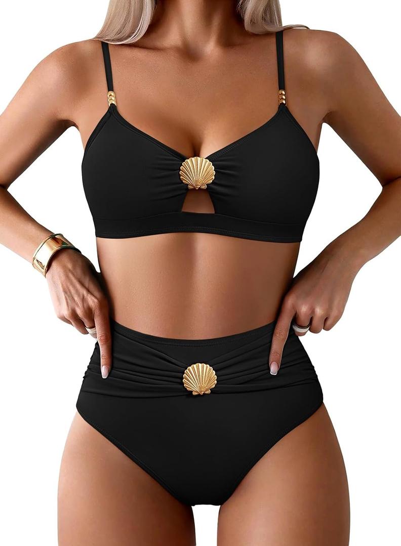 Pink Queen Women's 2 Piece Bikini Set 2026 Seashell Cutout Swimsuit High Waist Tummy Control Summer Beach Swim Bathing Suits (Black, XL)