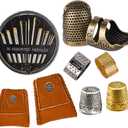 8 Pcs Thimble + 30 Pcs Sewing Needles, Finger Protector Fingertip Adjustable Metal Bronze Rings and Leather Coin Thimble for Needlework, Hand Embroidery Craft (Upgraded Set)