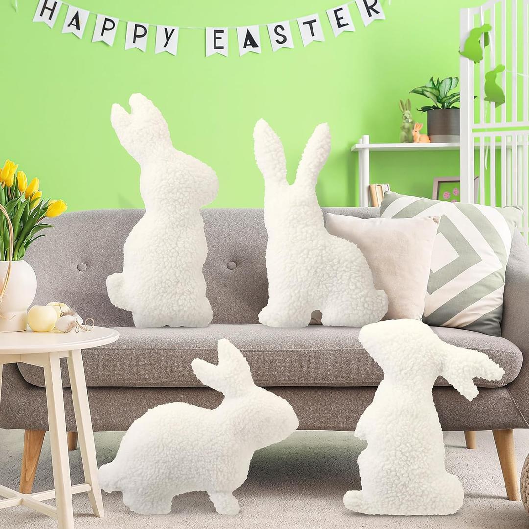 Huwena 4 Pcs Easter Bunny Pillows Decorative Bunny Shaped Throw Pillow Wool White Soft Rabbit Cute Plush Stuffed Pillow Cushion for Sofa Bed Bedroom Living Room Party Outdoor Home Decoration Couch